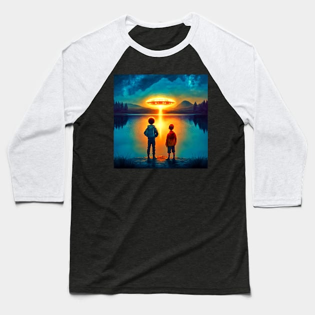 Kids watching a UFO hovering above a lake Baseball T-Shirt by The Alien Boy Art